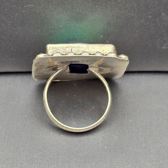 Etruscan Revival Ring Dichroic Glass Cabochon VTG Silver-Plt Size 7.5 Jewelry - Picture 3 of 13